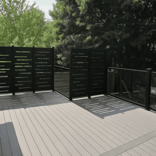 semi-privacy outdoor aluminum privacy screens installed on deck in Quebec